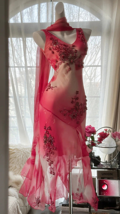 Pink Gorgeous Elegant Romantic Exquisite Beaded Blooming Long Chiffon Ball Gown Evening Dress Birthday/Wedding Guest Party Dress gh4018