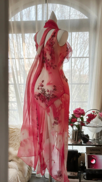 Pink Gorgeous Elegant Romantic Exquisite Beaded Blooming Long Chiffon Ball Gown Evening Dress Birthday/Wedding Guest Party Dress gh4018