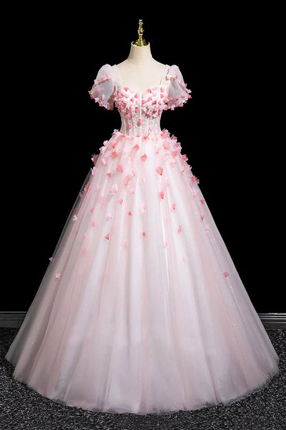 Pink Tulle Flower Long Prom Dress, Beautiful Short Sleeve Party Dress