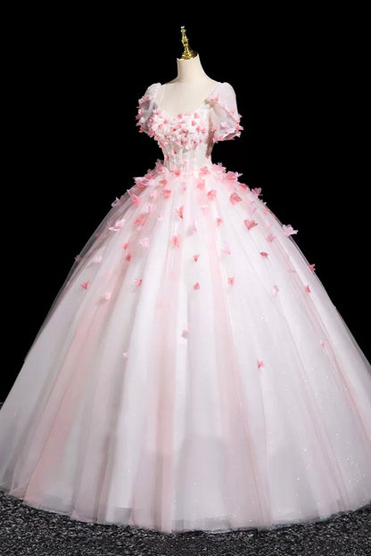 Pink Tulle Flower Long Prom Dress, Beautiful Short Sleeve Party Dress