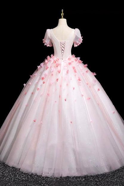 Pink Tulle Flower Long Prom Dress, Beautiful Short Sleeve Party Dress