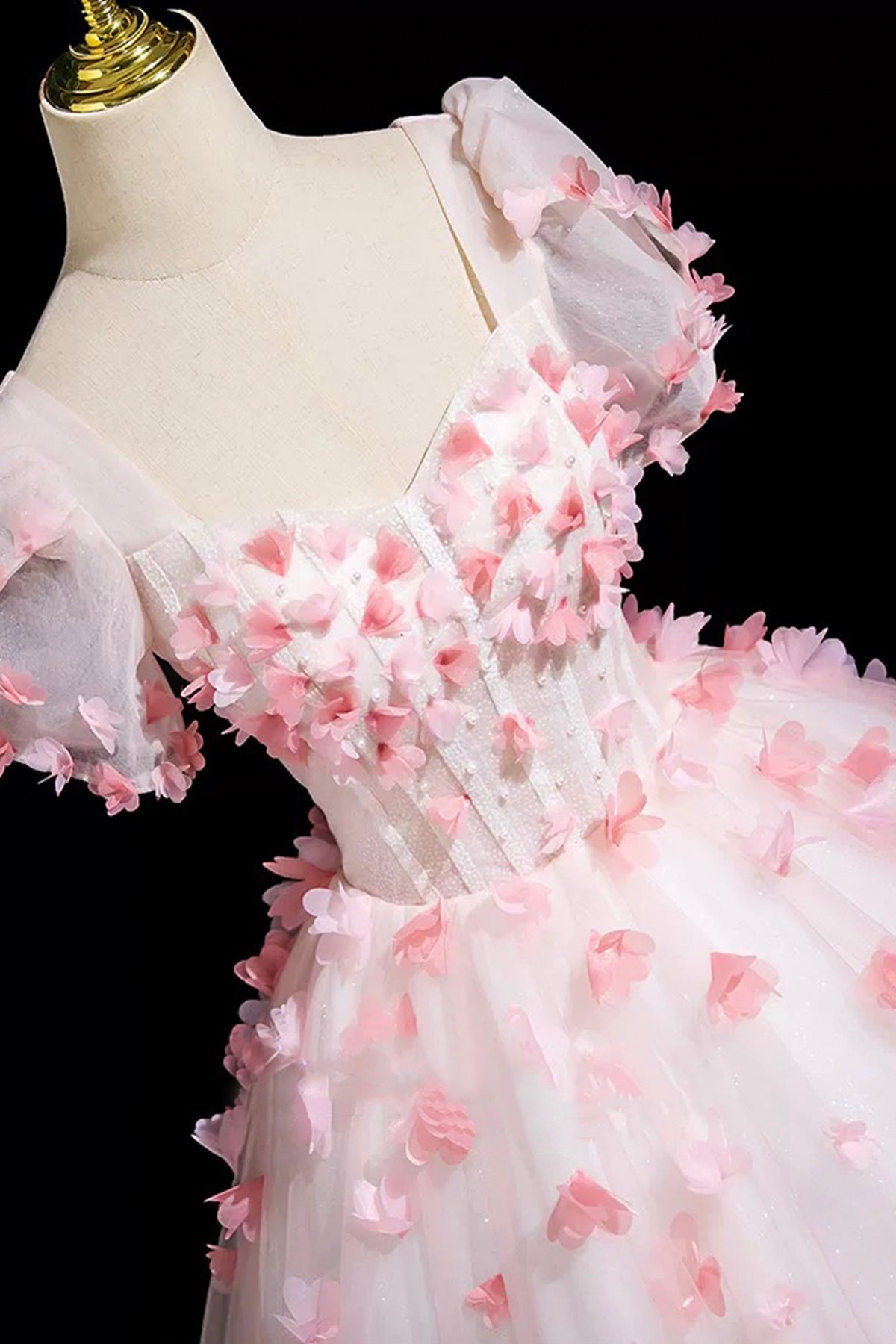 Pink Tulle Flower Long Prom Dress, Beautiful Short Sleeve Party Dress