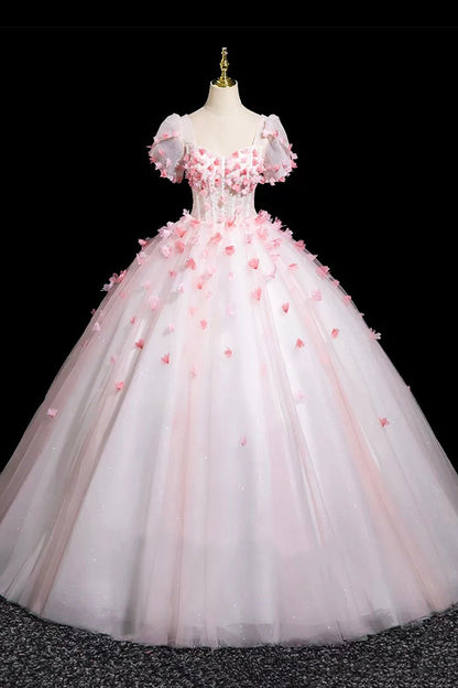 Pink Tulle Flower Long Prom Dress, Beautiful Short Sleeve Party Dress