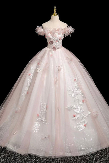 Pink Tulle Lace Long Prom Dress, A-Line Off the Shoulder Evening Party Dress