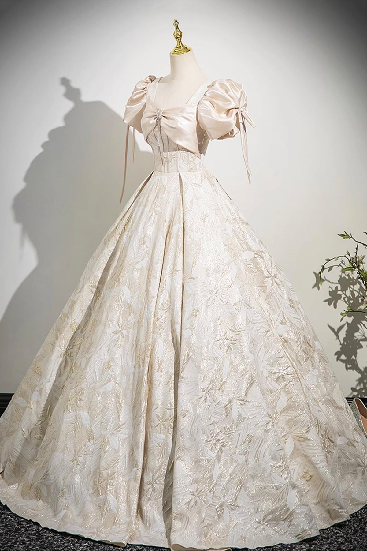 Champagne Satin Printed Pattern Long Prom Dress, Beautiful A-Line Party Dress