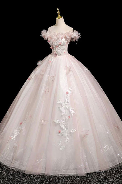 Pink Tulle Lace Long Prom Dress, A-Line Off the Shoulder Evening Party Dress