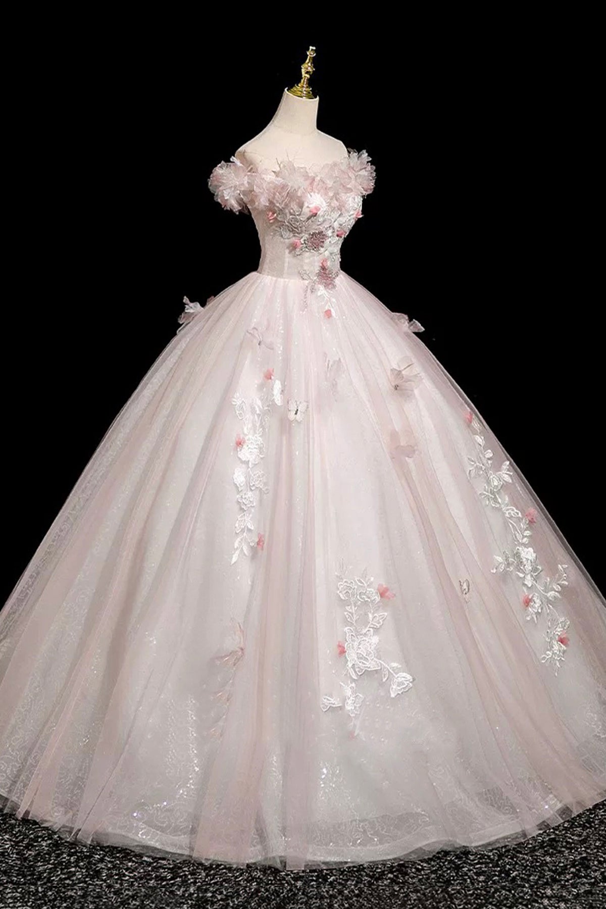 Pink Tulle Lace Long Prom Dress, A-Line Off the Shoulder Evening Party Dress