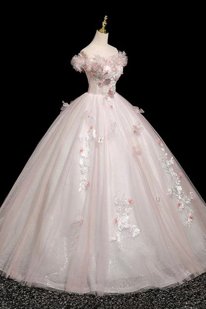 Pink Tulle Lace Long Prom Dress, A-Line Off the Shoulder Evening Party Dress