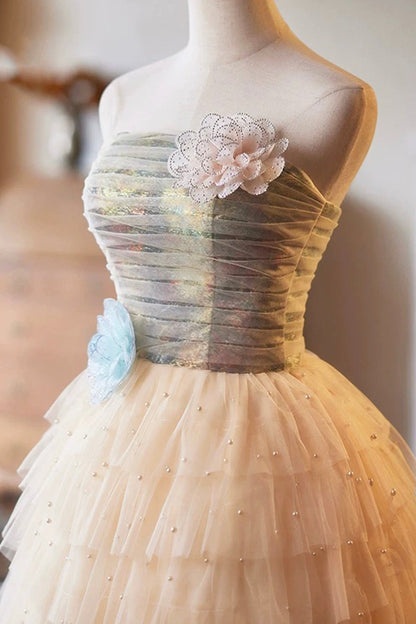 Lovely Tulle Pearl Short Prom Dress, A-Line Strapless Evening Party Dress