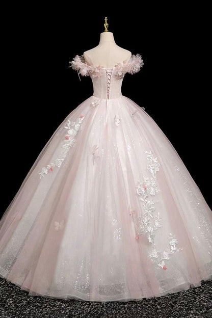 Pink Tulle Lace Long Prom Dress, A-Line Off the Shoulder Evening Party Dress