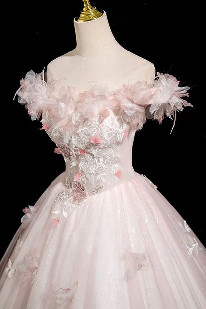 Pink Tulle Lace Long Prom Dress, A-Line Off the Shoulder Evening Party Dress