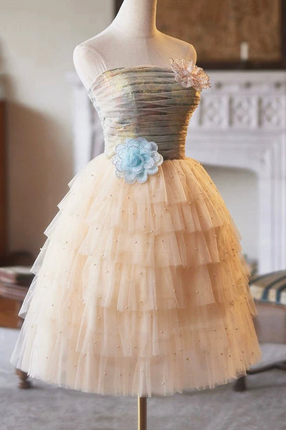 Lovely Tulle Pearl Short Prom Dress, A-Line Strapless Evening Party Dress