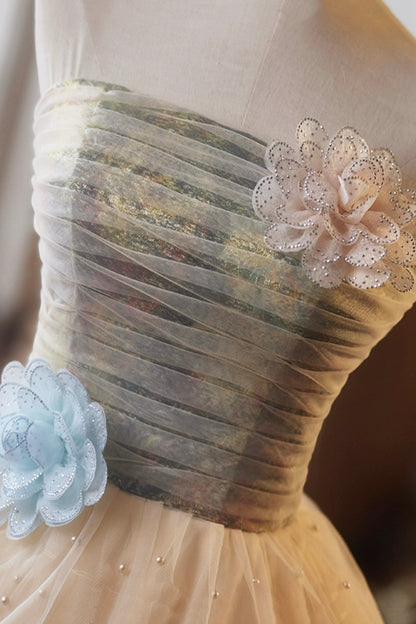 Lovely Tulle Pearl Short Prom Dress, A-Line Strapless Evening Party Dress