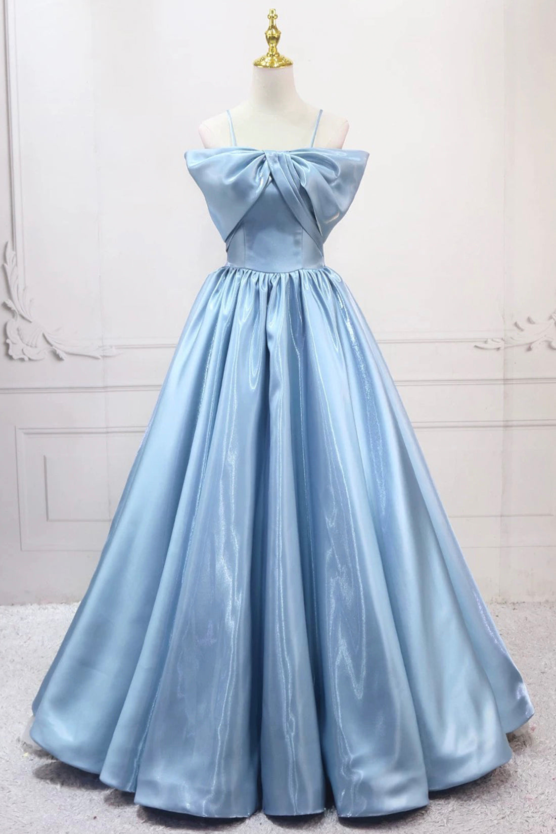 Blue Satin Long A-Line Prom Dress, Blue Spaghetti Strap Evening Party  Dress