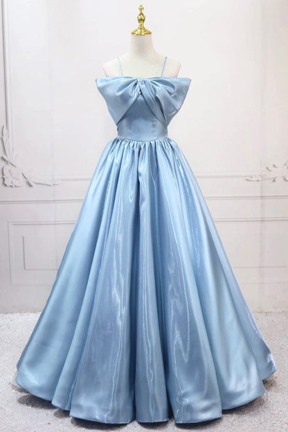 Blue Satin Long A-Line Prom Dress, Blue Spaghetti Strap Evening Party  Dress