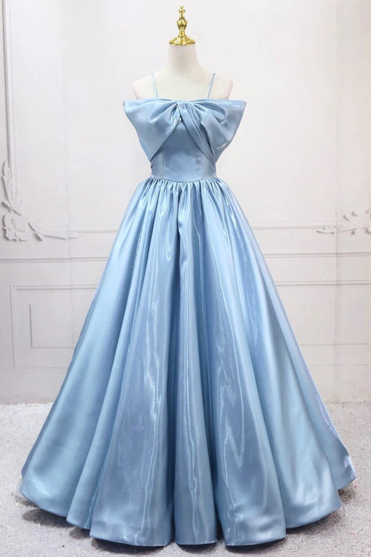 Blue Satin Long A-Line Prom Dress, Blue Spaghetti Strap Evening Party  Dress