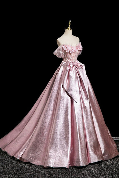 Pink Flower Satin Long Prom Dress, Beautiful Off the Shoulder Party Dress