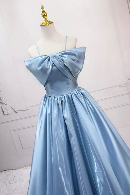 Blue Satin Long A-Line Prom Dress, Blue Spaghetti Strap Evening Party  Dress