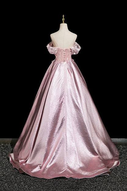 Pink Flower Satin Long Prom Dress, Beautiful Off the Shoulder Party Dress