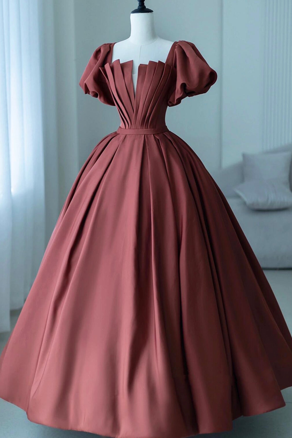 A-Line Satin Long Prom Dress, Elegant Short Sleeve Evening Party Dress