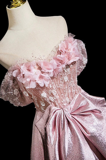 Pink Flower Satin Long Prom Dress, Beautiful Off the Shoulder Party Dress