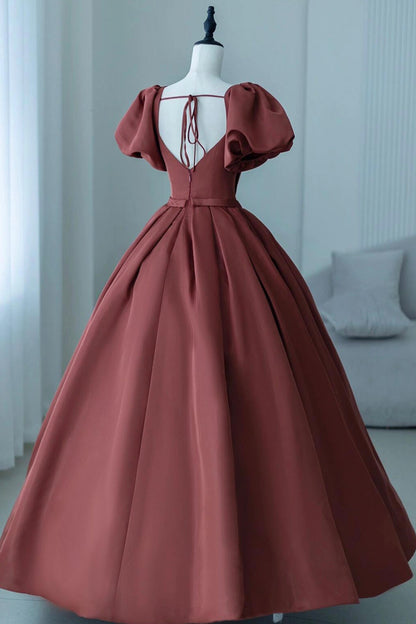 A-Line Satin Long Prom Dress, Elegant Short Sleeve Evening Party Dress