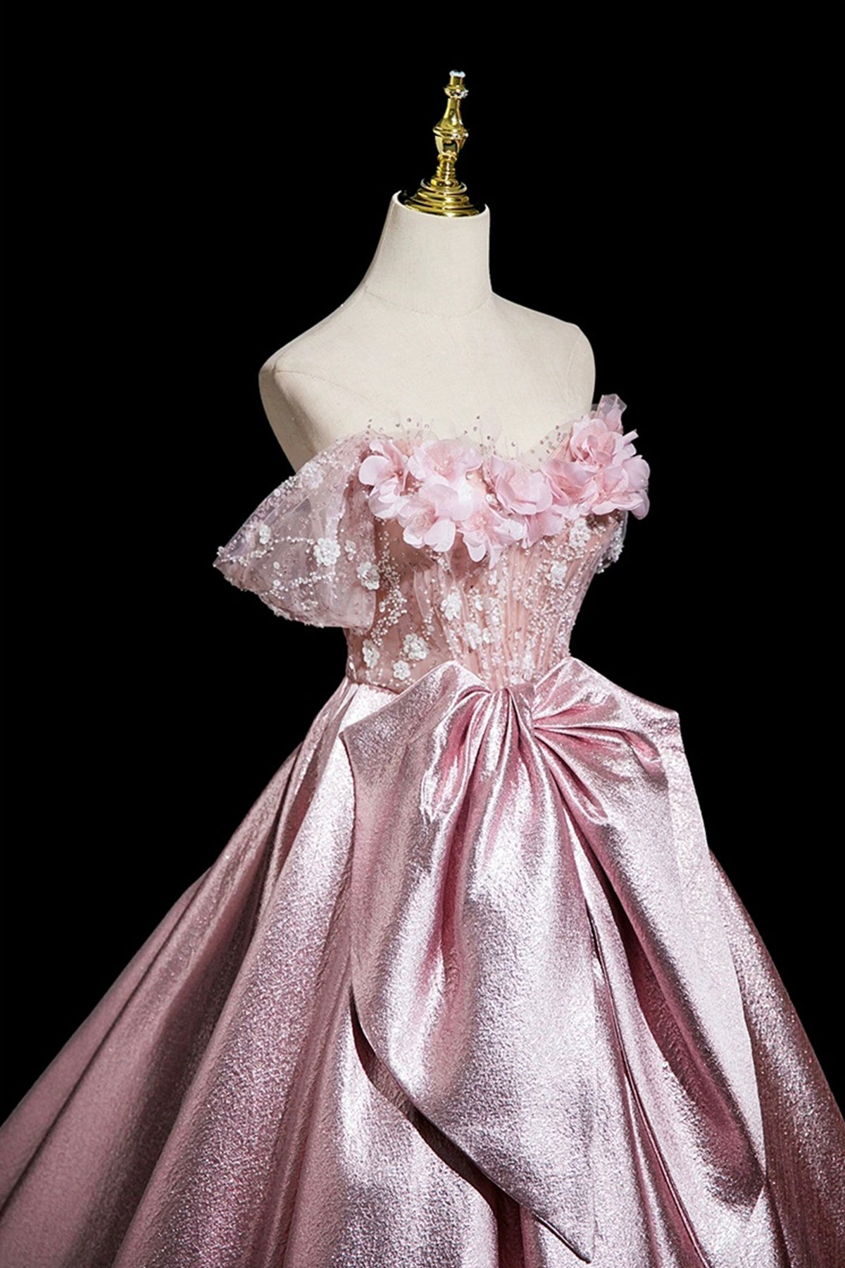 Pink Flower Satin Long Prom Dress, Beautiful Off the Shoulder Party Dress