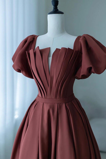 A-Line Satin Long Prom Dress, Elegant Short Sleeve Evening Party Dress