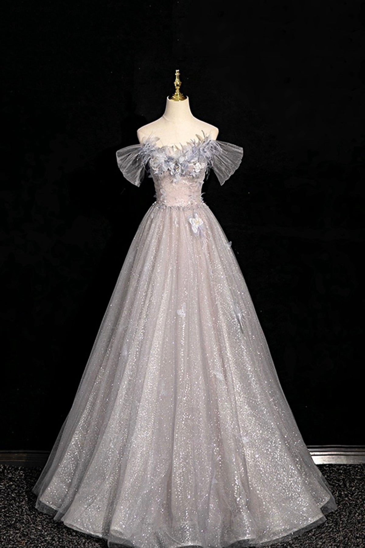 Gray Flower Tulle Long Prom Dress, A-Line Off the Shoulder Party Dress