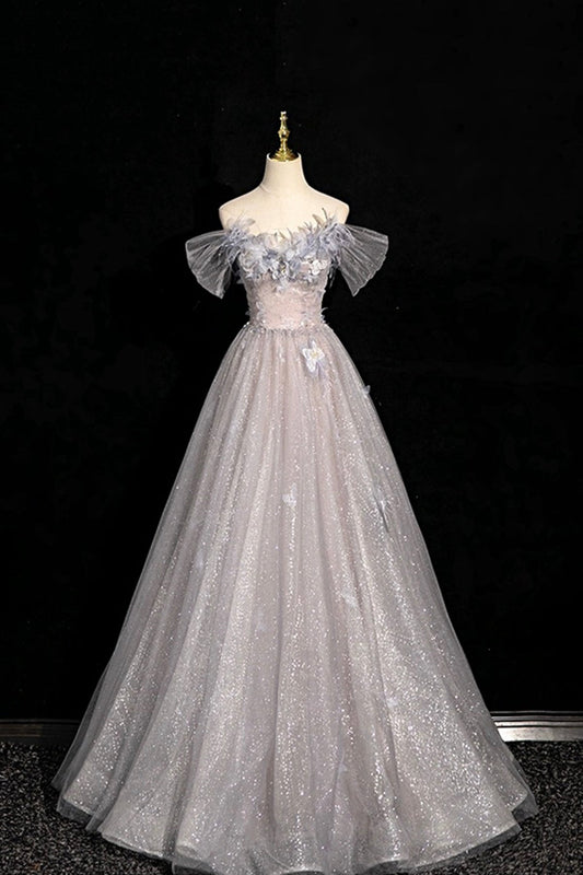 Gray Flower Tulle Long Prom Dress, A-Line Off the Shoulder Party Dress