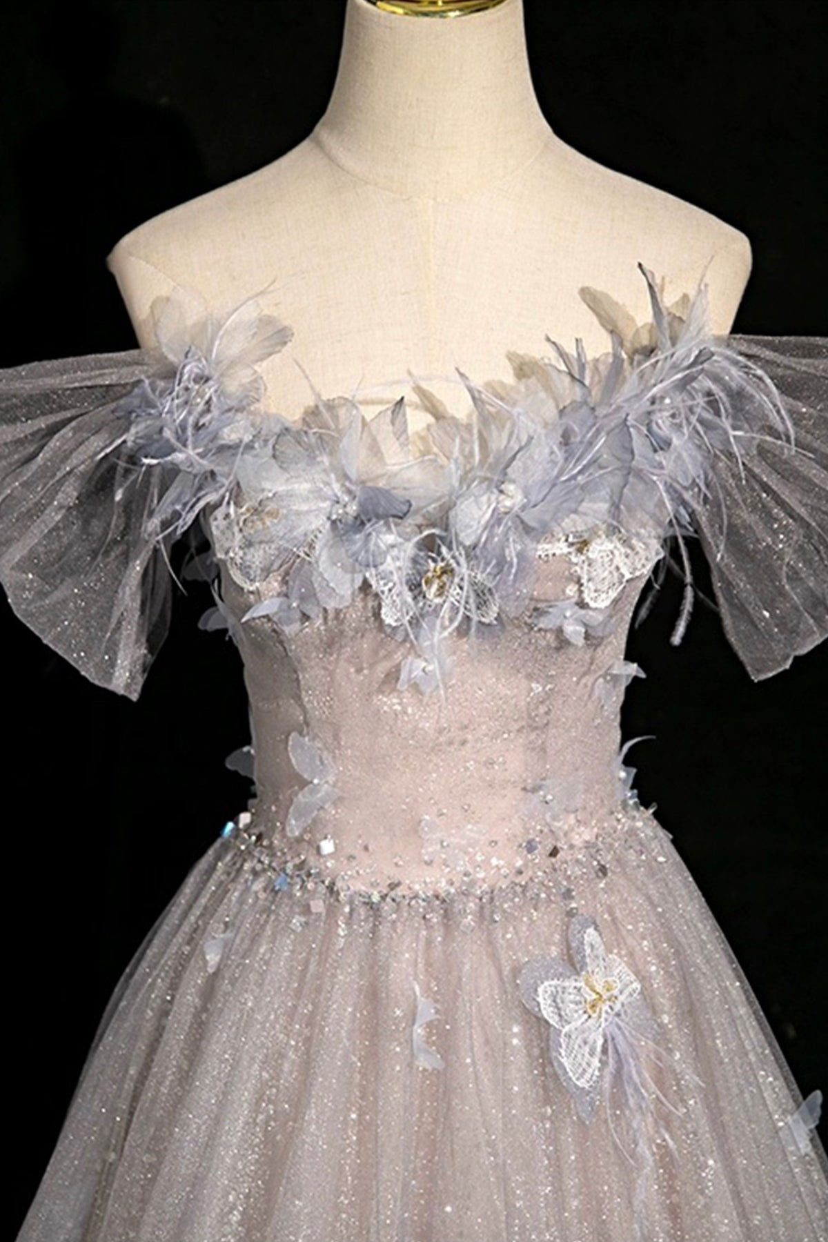Gray Flower Tulle Long Prom Dress, A-Line Off the Shoulder Party Dress