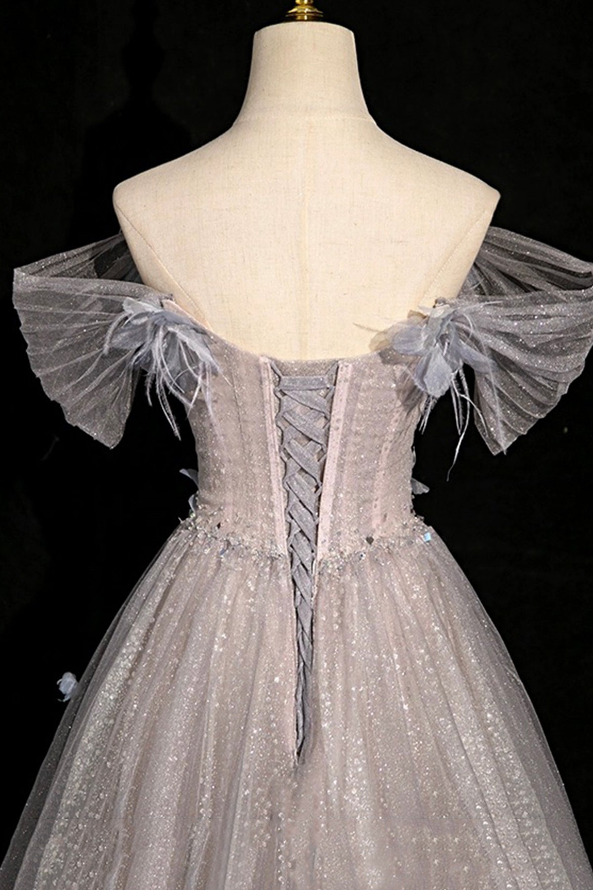 Gray Flower Tulle Long Prom Dress, A-Line Off the Shoulder Party Dress