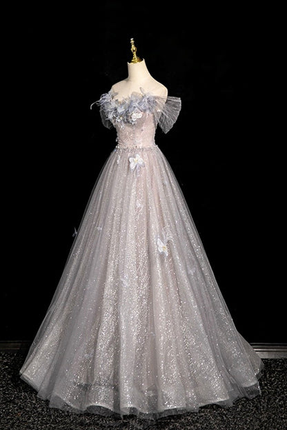 Gray Flower Tulle Long Prom Dress, A-Line Off the Shoulder Party Dress