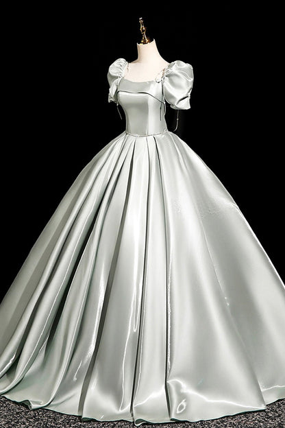 Gray Green Satin Long Prom Dress, Beautiful A-Line Short Sleeve Party Dress