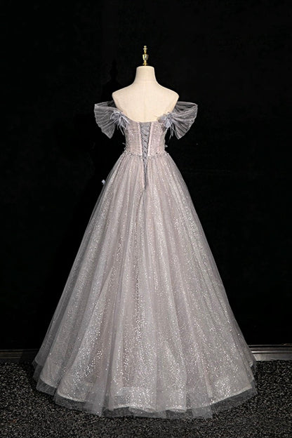 Gray Flower Tulle Long Prom Dress, A-Line Off the Shoulder Party Dress
