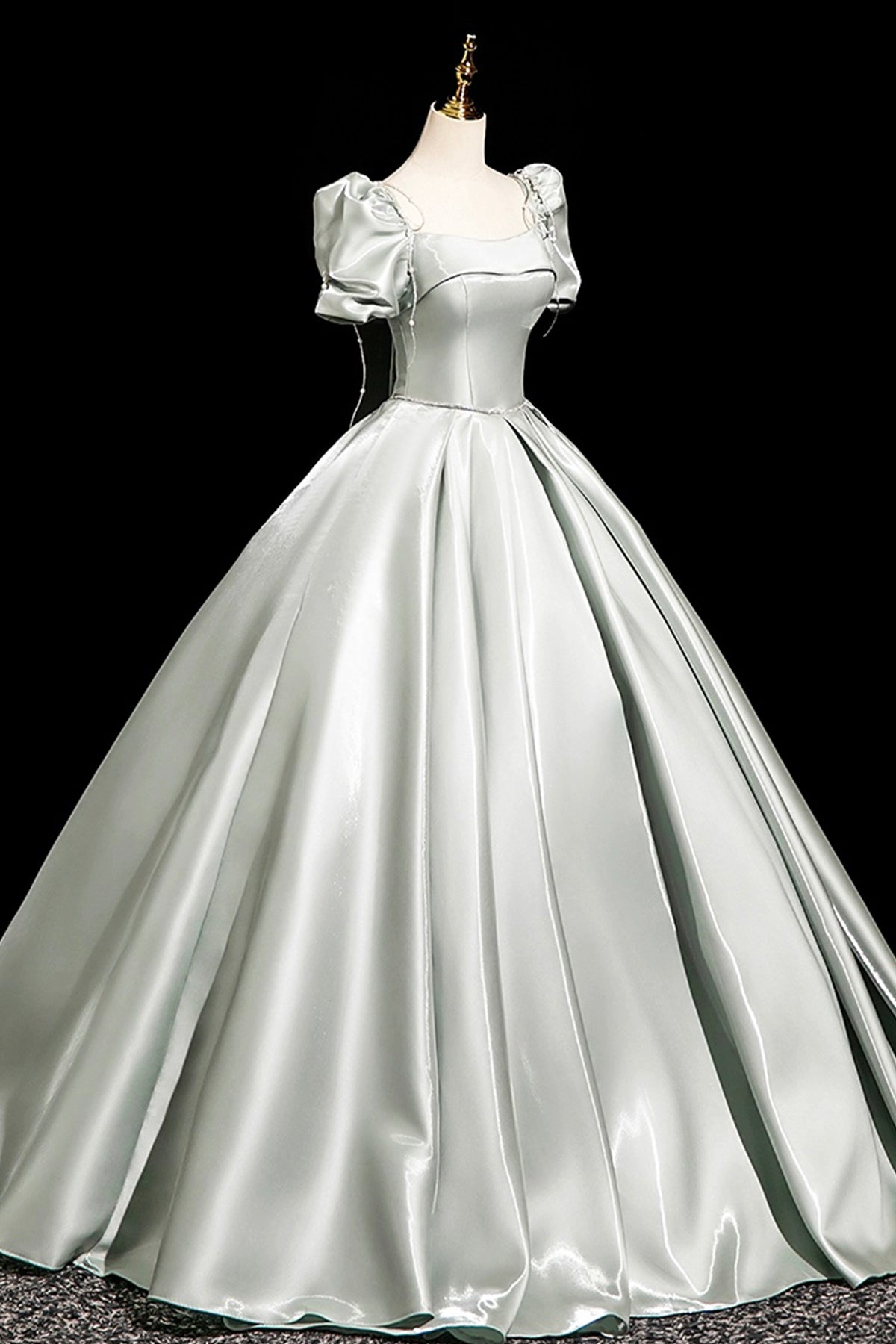 Gray Green Satin Long Prom Dress, Beautiful A-Line Short Sleeve Party Dress