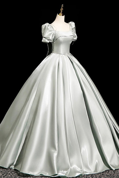 Gray Green Satin Long Prom Dress, Beautiful A-Line Short Sleeve Party Dress