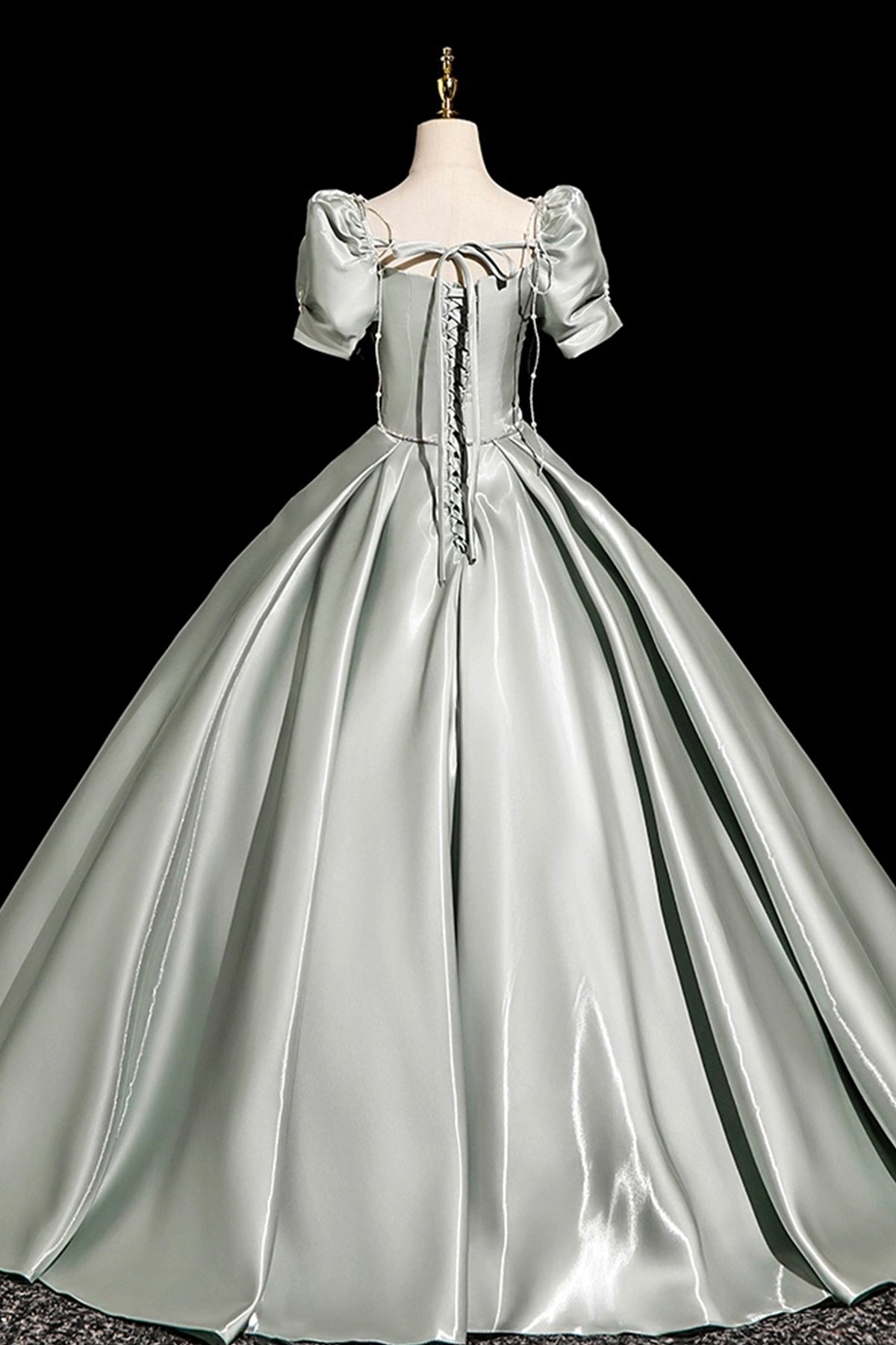 Gray Green Satin Long Prom Dress, Beautiful A-Line Short Sleeve Party Dress