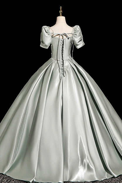 Gray Green Satin Long Prom Dress, Beautiful A-Line Short Sleeve Party Dress