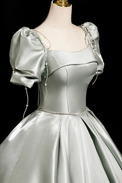 Gray Green Satin Long Prom Dress, Beautiful A-Line Short Sleeve Party Dress