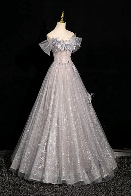 Gray Flower Tulle Long Prom Dress, A-Line Off the Shoulder Party Dress