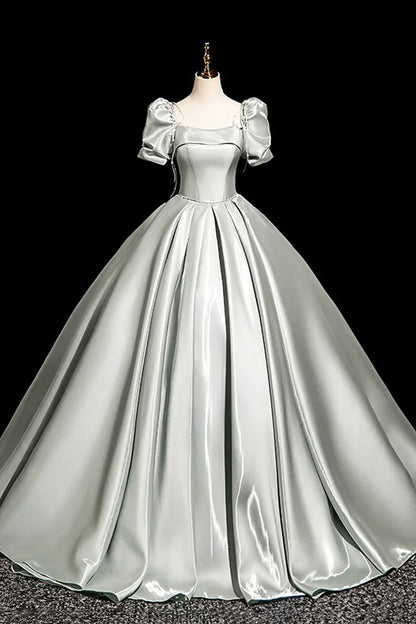 Gray Green Satin Long Prom Dress, Beautiful A-Line Short Sleeve Party Dress