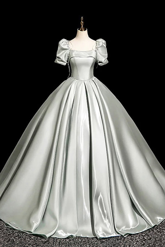 Gray Green Satin Long Prom Dress, Beautiful A-Line Short Sleeve Party Dress