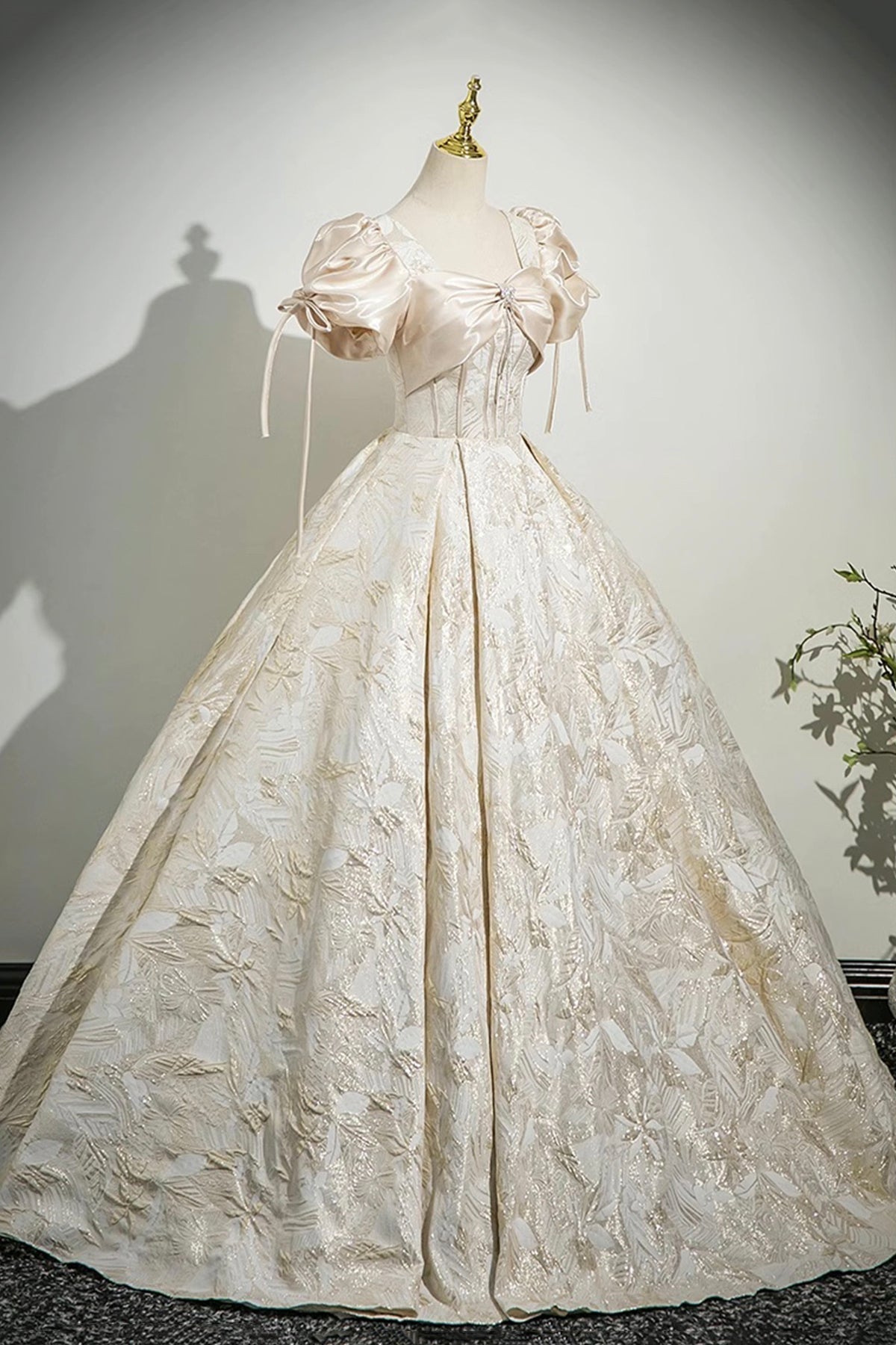 Champagne Satin Printed Pattern Long Prom Dress, Beautiful A-Line Party Dress