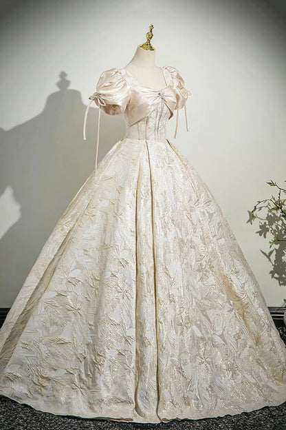 Champagne Satin Printed Pattern Long Prom Dress, Beautiful A-Line Party Dress