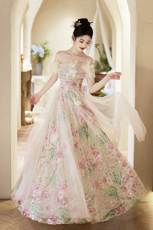 Beautiful Tulle Floral Long Prom Dress, A-Line Off the Shoulder Party Dress