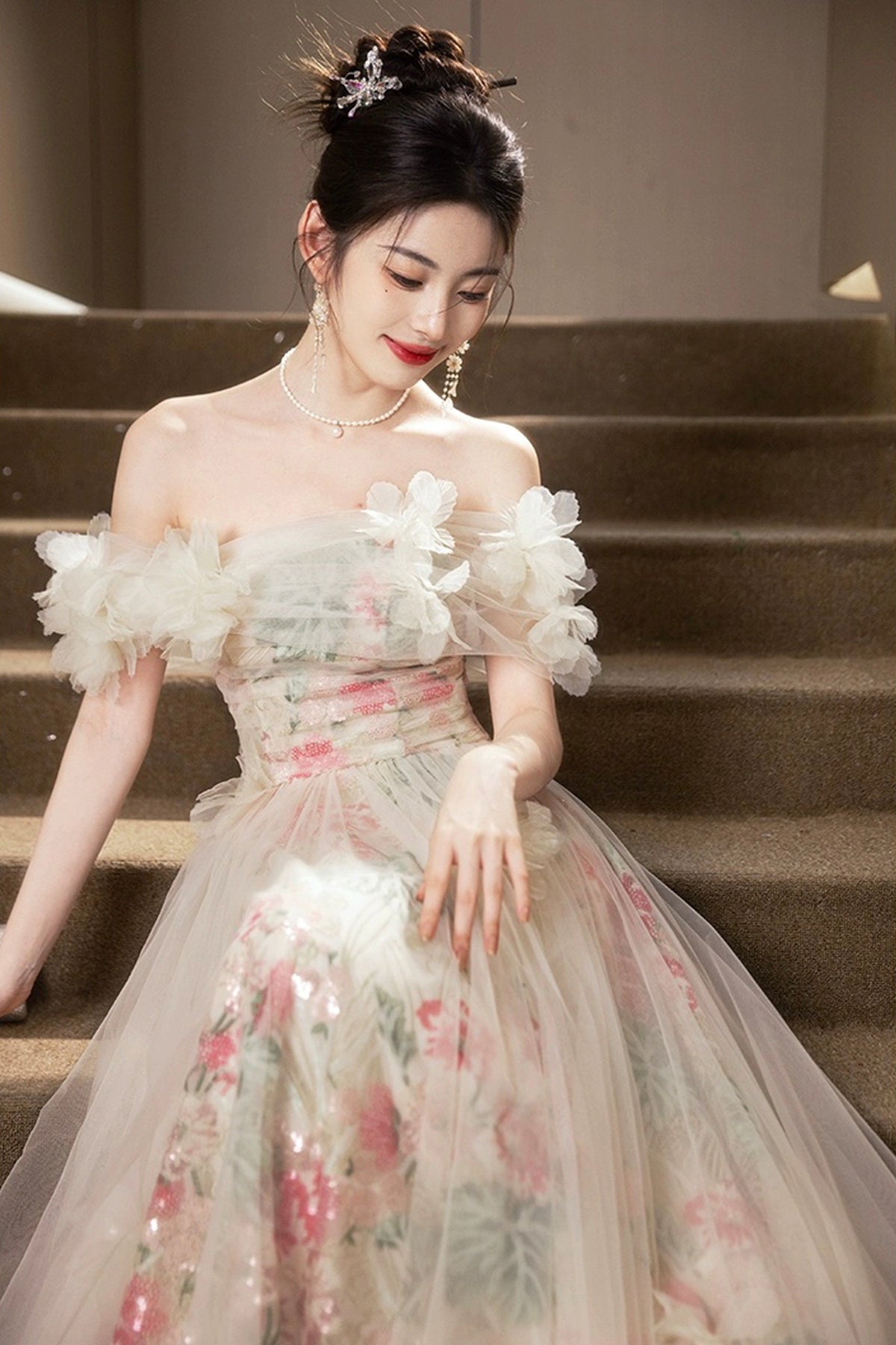 Beautiful Tulle Floral Long Prom Dress, A-Line Off the Shoulder Party Dress