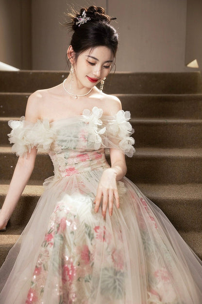 Beautiful Tulle Floral Long Prom Dress, A-Line Off the Shoulder Party Dress