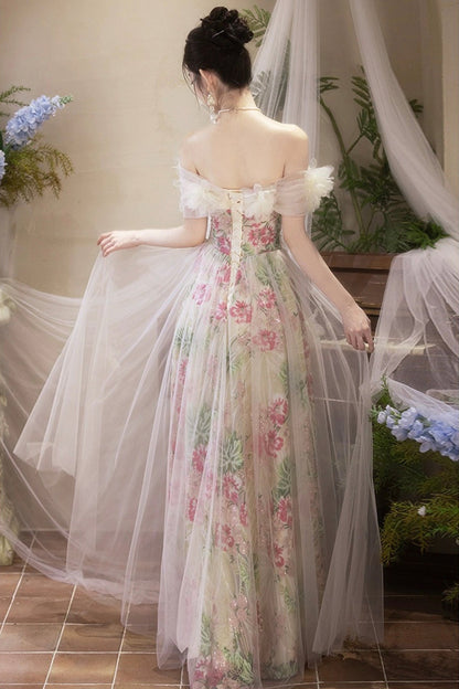Beautiful Tulle Floral Long Prom Dress, A-Line Off the Shoulder Party Dress