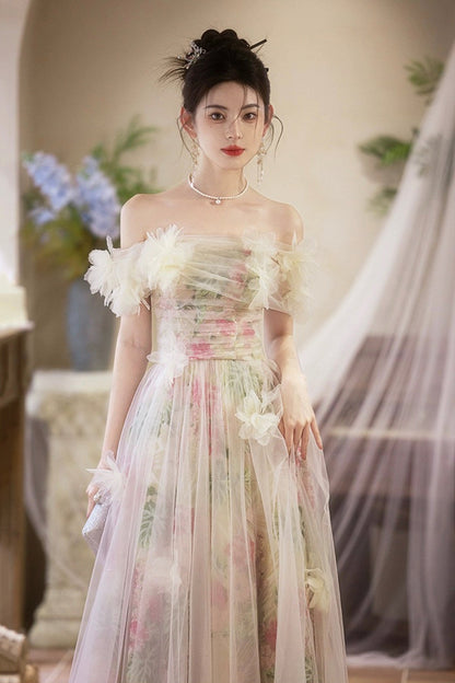 Beautiful Tulle Floral Long Prom Dress, A-Line Off the Shoulder Party Dress